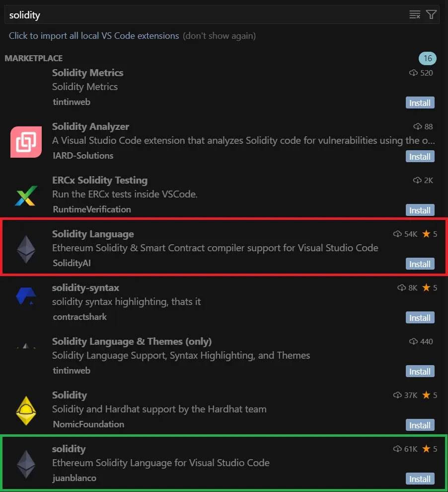 Search results for “solidity” - the malicious (red) and legitimate (green) extensions (Source - Securelist)